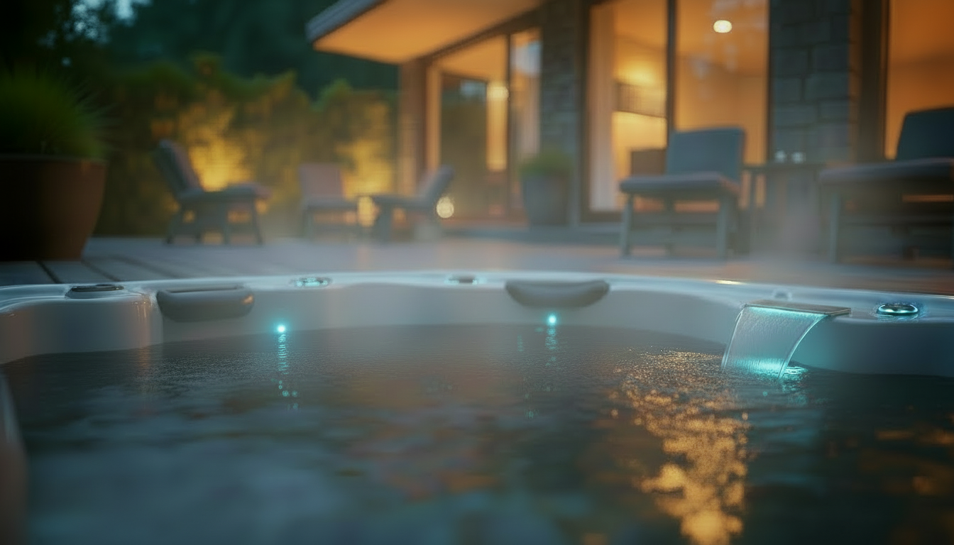 Luxury hot tub with steam and ambient lighting