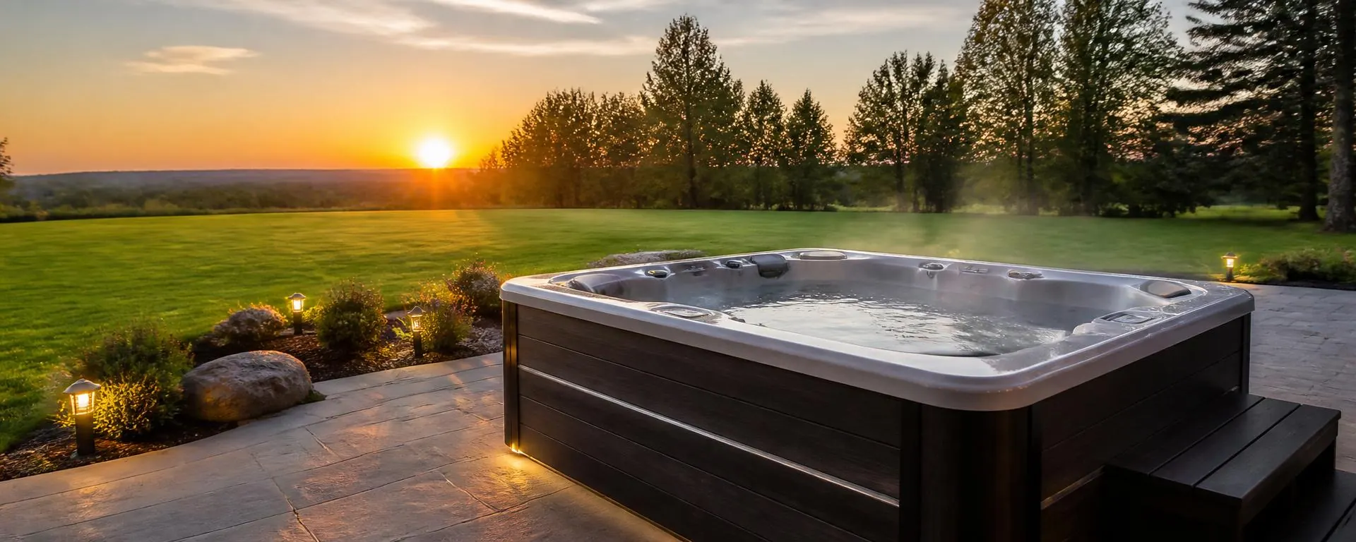Hot tub on a patio overlooking a lawn at sunset